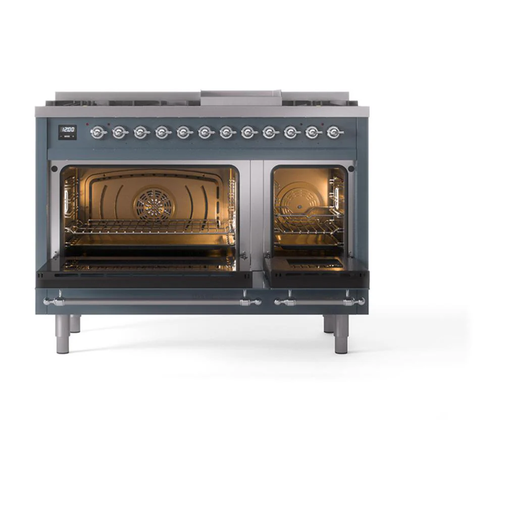 Ilve UN48FNMPBGCLP Ilve Un48Fnmpbgclp Nostalgie Ii Noblesse 48" Dual Fuel Range (8 Sealed Burners + Griddle, Liquid Propane, Triple Glass Door, Blue Grey, Chrome) - Image 3