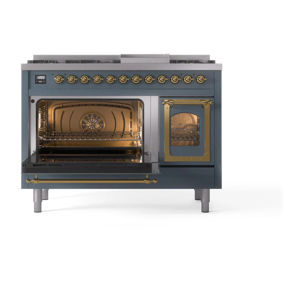 Ilve UN48FNMPBGGLP Ilve Un48Fnmpbgglp Nostalgie Ii Noblesse 48" Dual Fuel Range (8 Sealed Burners + Griddle, Liquid Propane, Triple Glass Door, Blue Grey, Brass) - Image 4
