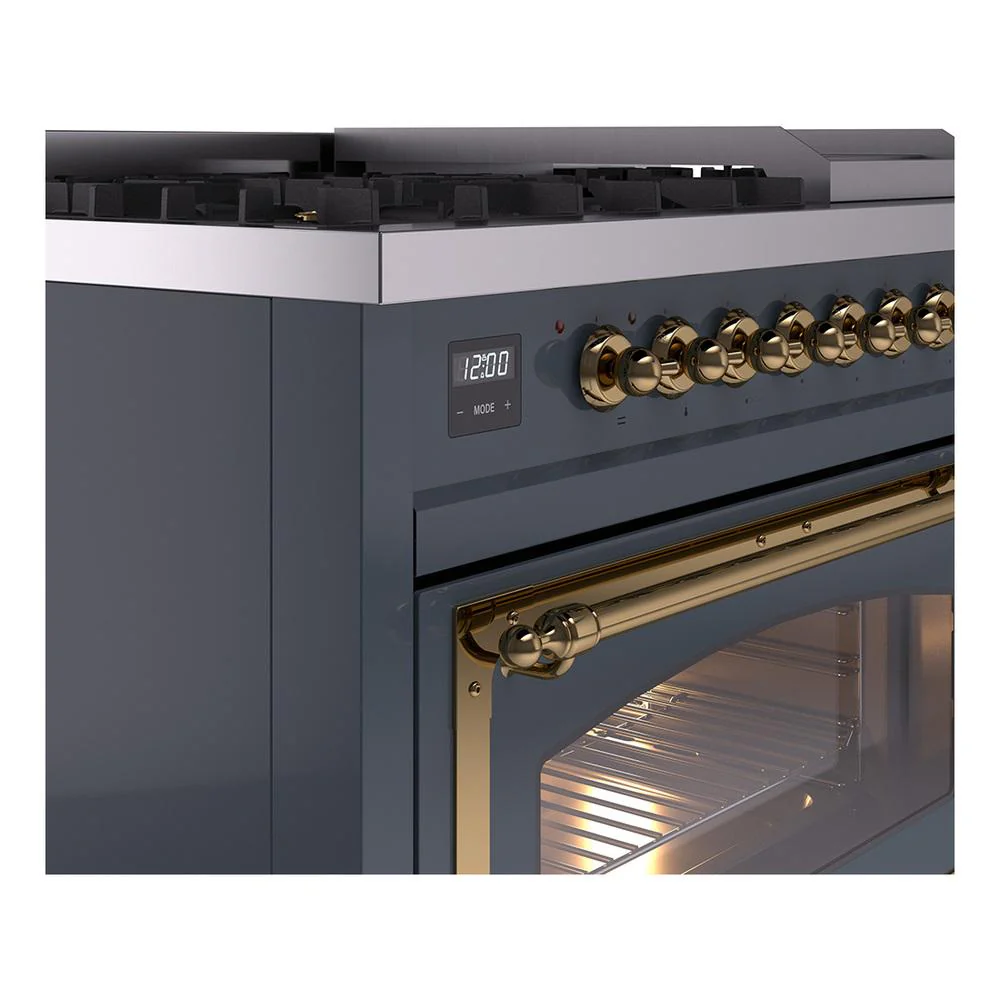 Ilve UN48FNMPBGGLP Ilve Un48Fnmpbgglp Nostalgie Ii Noblesse 48" Dual Fuel Range (8 Sealed Burners + Griddle, Liquid Propane, Triple Glass Door, Blue Grey, Brass) - Image 7