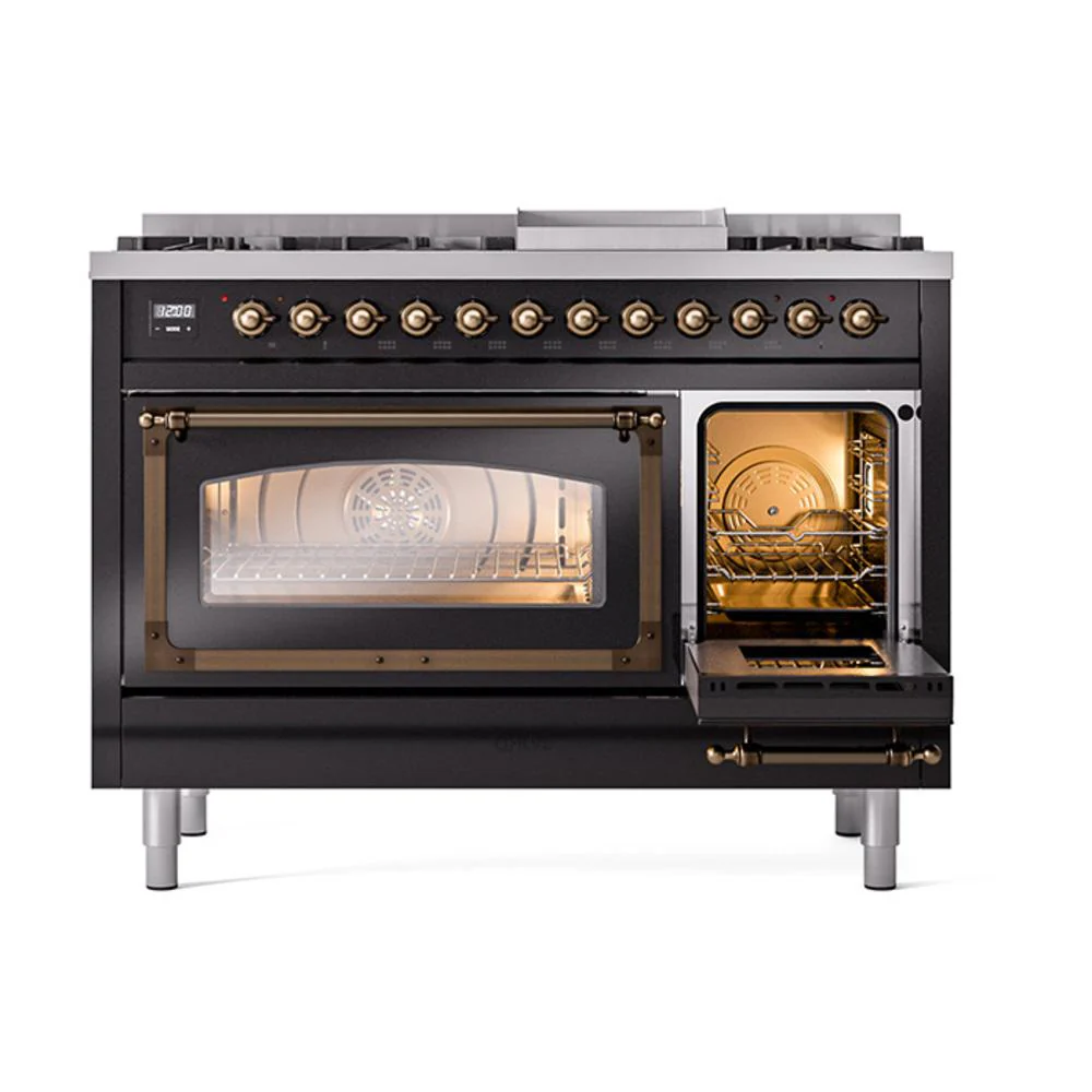 Ilve UN48FNMPBKB Ilve Un48Fnmpbkb Nostalgie Ii Noblesse 48" Dual Fuel Range (8 Sealed Burners + Griddle, Natural Gas, Triple Glass Door, Glossy Black, Burnished) - Image 5