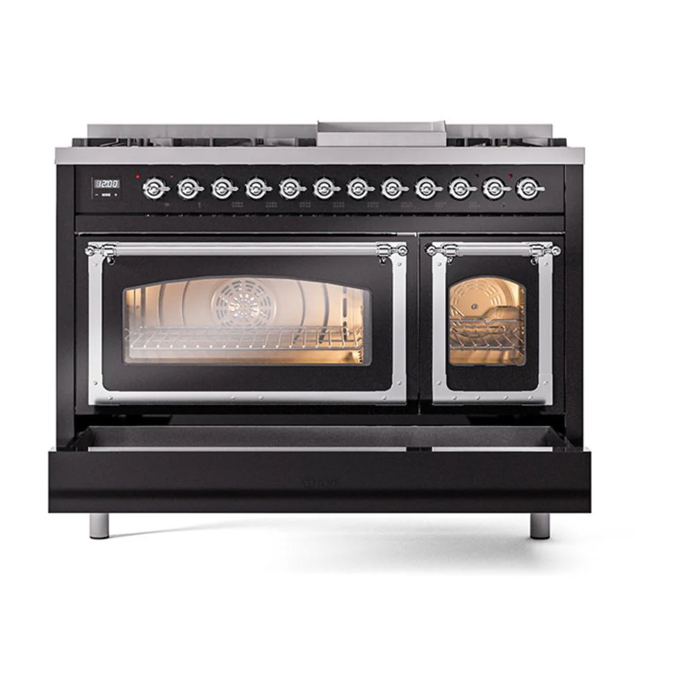 Ilve UN48FNMPBKC Ilve Un48Fnmpbkc Nostalgie Ii Noblesse 48" Dual Fuel Range (8 Sealed Burners + Griddle, Natural Gas, Triple Glass Door, Glossy Black, Chrome) - Image 6