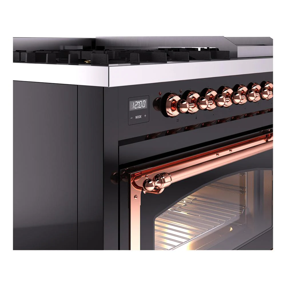Ilve UN48FNMPBKP Ilve Un48Fnmpbkp Nostalgie Ii Noblesse 48" Dual Fuel Range (8 Sealed Burners + Griddle, Natural Gas, Triple Glass Door, Glossy Black, Copper) - Image 7