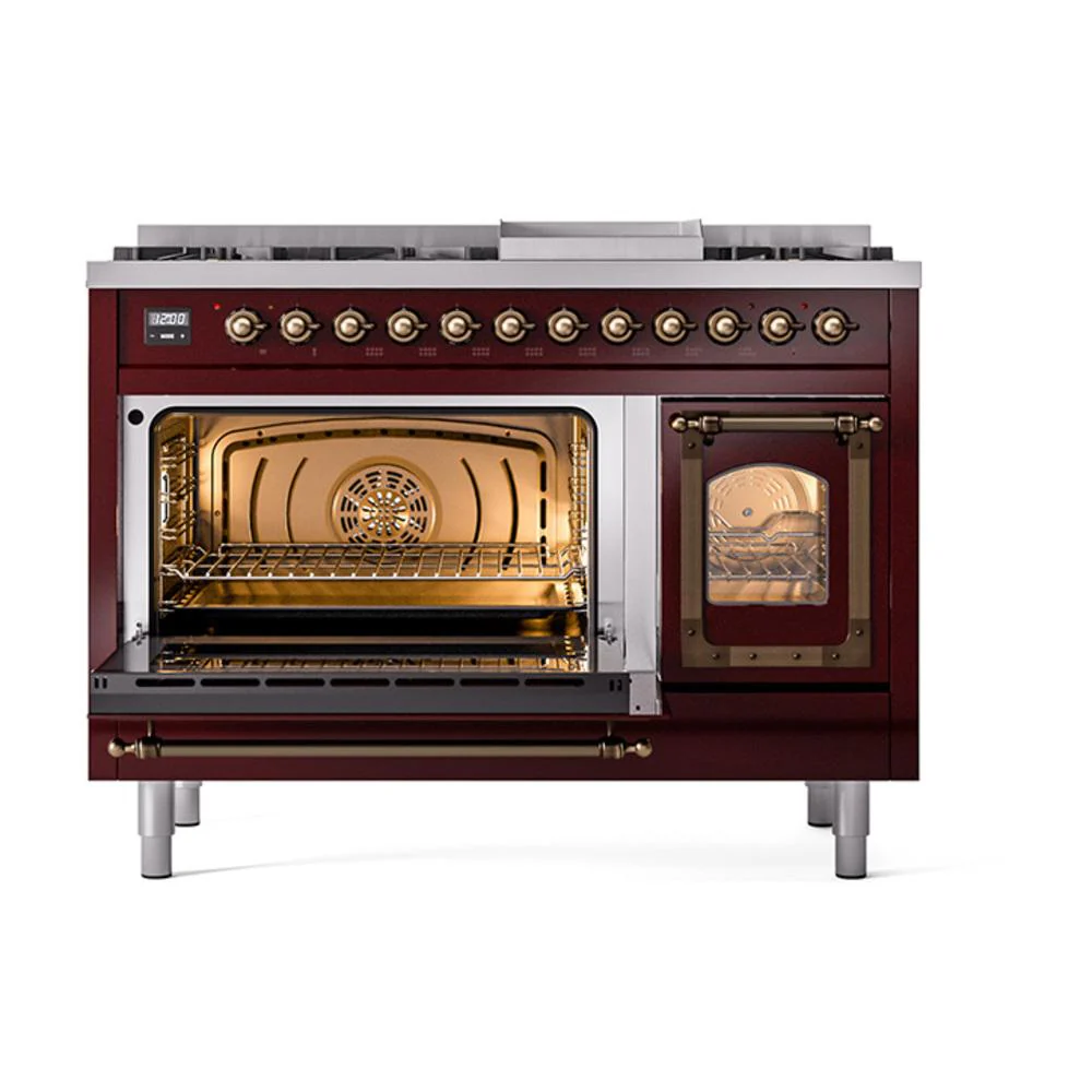 Ilve UN48FNMPBUB Ilve Un48Fnmpbub Nostalgie Ii Noblesse 48" Dual Fuel Range (8 Sealed Burners + Griddle, Natural Gas, Triple Glass Door, Burgundy, Burnished) - Image 4