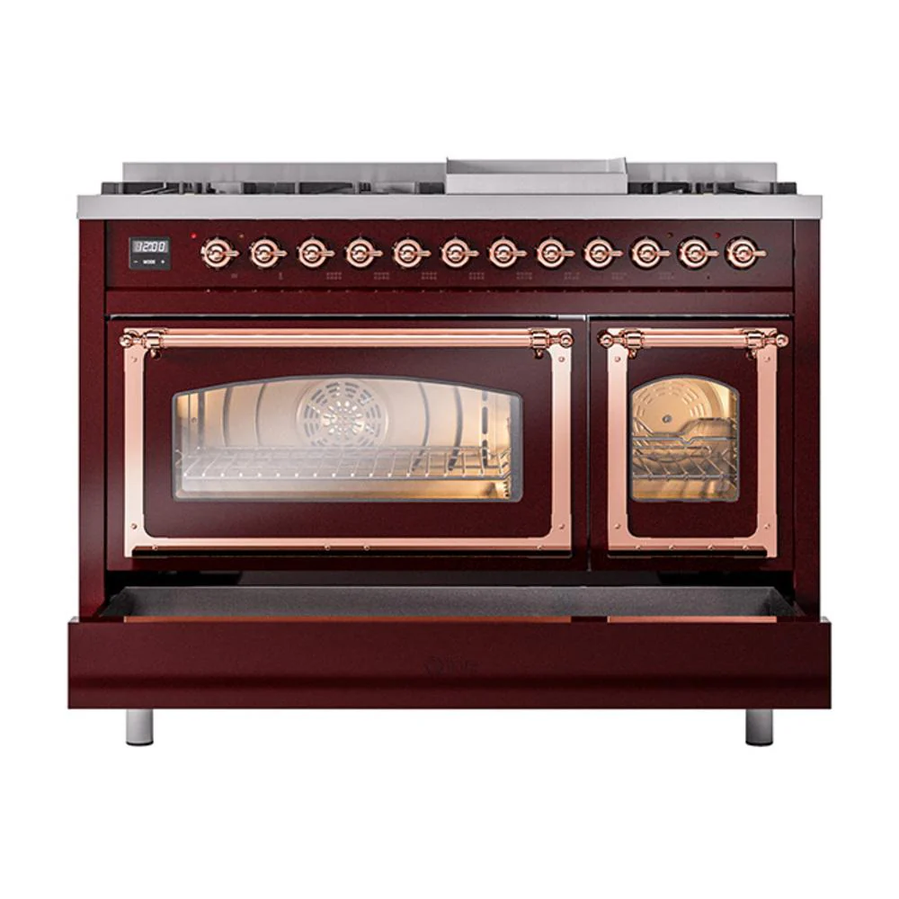 Ilve UN48FNMPBUPLP Ilve Un48Fnmpbuplp Nostalgie Ii Noblesse 48" Dual Fuel Range (8 Sealed Burners + Griddle, Liquid Propane, Triple Glass Door, Burgundy, Copper) - Image 6