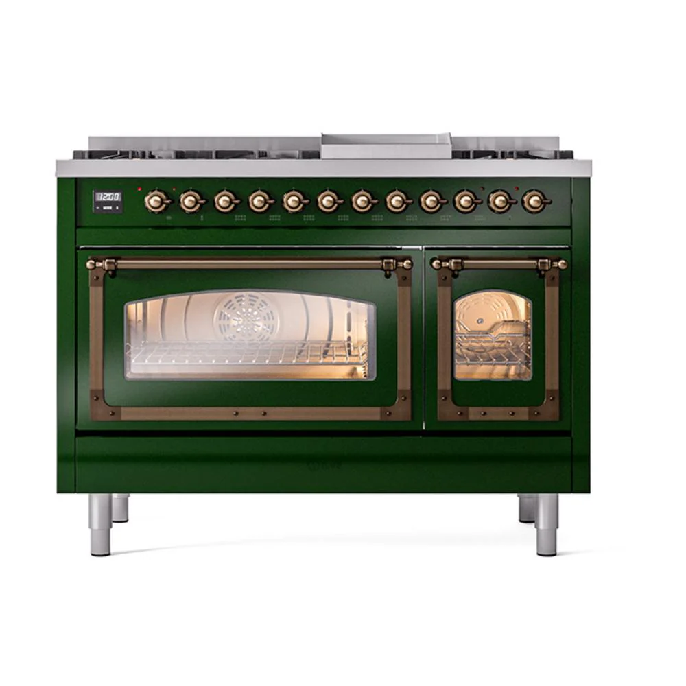 Ilve UN48FNMPEGBLP Ilve Un48Fnmpegblp Nostalgie Ii Noblesse 48" Dual Fuel Range (8 Sealed Burners + Griddle, Liquid Propane, Triple Glass Door, Emerald Green, Burnished) - Image 2