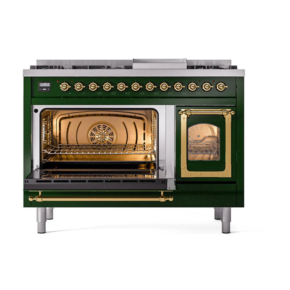 Ilve UN48FNMPEGGLP Ilve Un48Fnmpegglp Nostalgie Ii Noblesse 48" Dual Fuel Range (8 Sealed Burners + Griddle, Liquid Propane, Triple Glass Door, Emerald Green, Brass) - Image 4