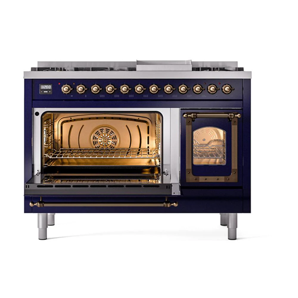 Ilve UN48FNMPMBBLP Ilve Un48Fnmpmbblp Nostalgie Ii Noblesse 48" Dual Fuel Range (8 Sealed Burners + Griddle, Liquid Propane, Triple Glass Door, Midnight Blue, Burnished) - Image 4