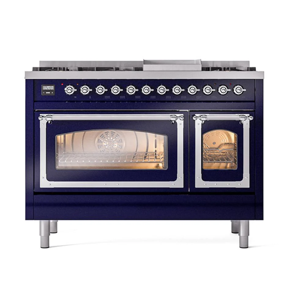 Ilve UN48FNMPMBC Ilve Un48Fnmpmbc Nostalgie Ii Noblesse 48" Dual Fuel Range (8 Sealed Burners + Griddle, Natural Gas, Triple Glass Door, Midnight Blue, Chrome) - Image 2