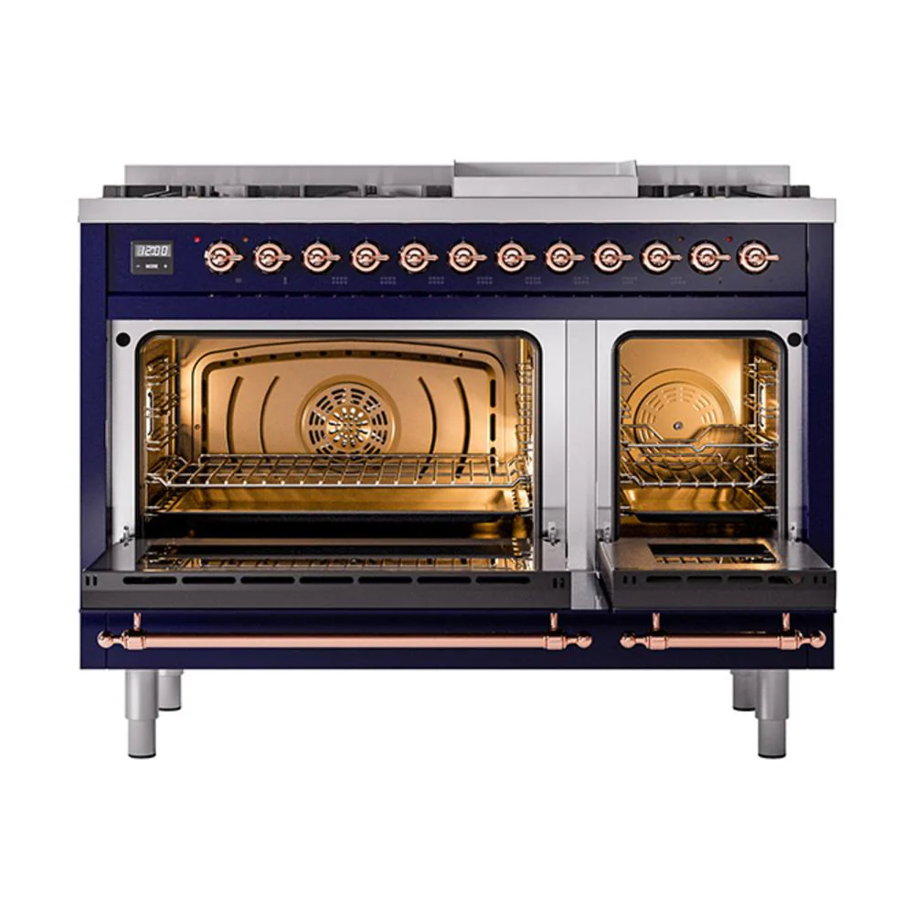 Ilve UN48FNMPMBP Ilve Un48Fnmpmbp Nostalgie Ii Noblesse 48" Dual Fuel Range (8 Sealed Burners + Griddle, Natural Gas, Triple Glass Door, Midnight Blue, Copper) - Image 3