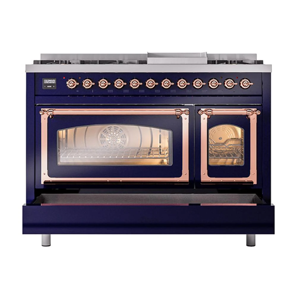 Ilve UN48FNMPMBP Ilve Un48Fnmpmbp Nostalgie Ii Noblesse 48" Dual Fuel Range (8 Sealed Burners + Griddle, Natural Gas, Triple Glass Door, Midnight Blue, Copper) - Image 6