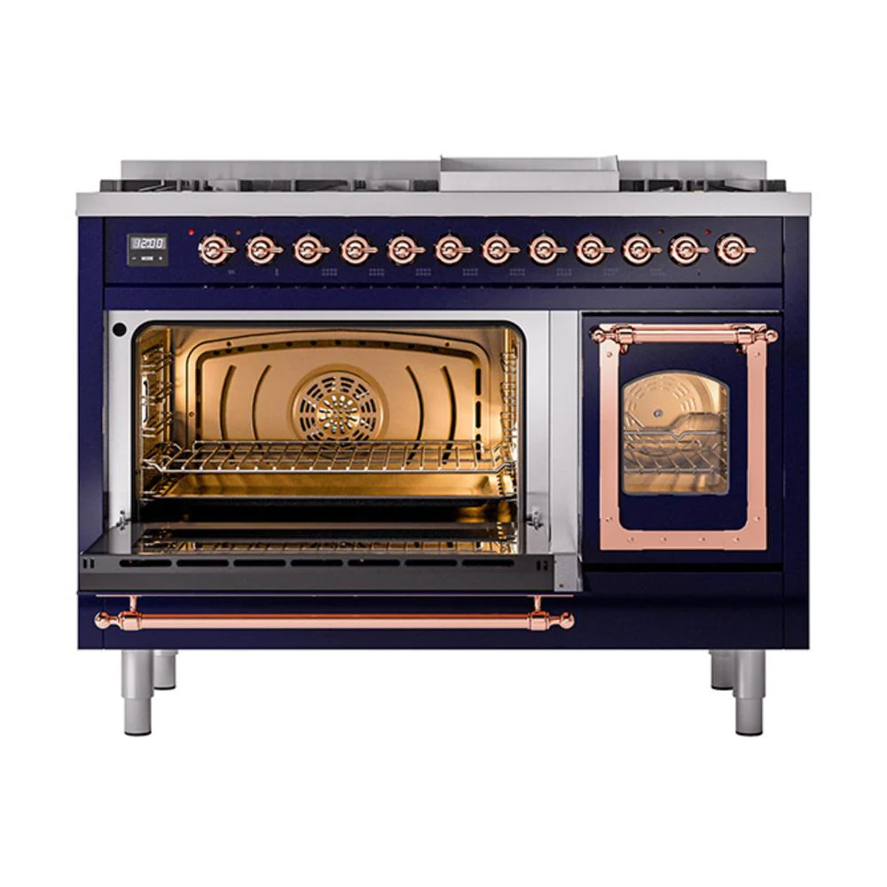 Ilve UN48FNMPMBPLP Ilve Un48Fnmpmbplp Nostalgie Ii Noblesse 48" Dual Fuel Range (8 Sealed Burners + Griddle, Liquid Propane, Triple Glass Door, Midnight Blue, Copper) - Image 4