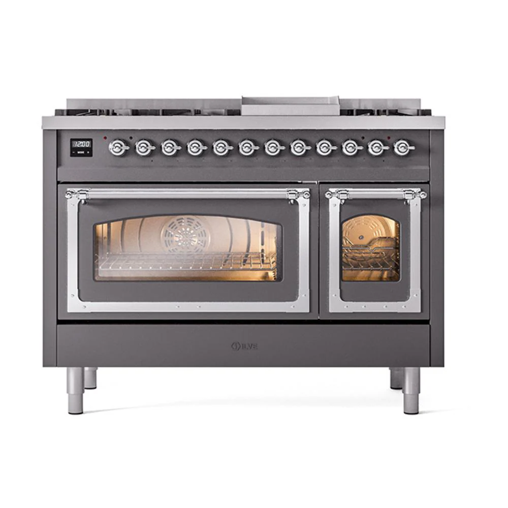 Ilve UN48FNMPMGC Ilve Un48Fnmpmgc Nostalgie Ii Noblesse 48" Dual Fuel Range (8 Sealed Burners + Griddle, Natural Gas, Triple Glass Door, Graphite Matte, Chrome) - Image 2