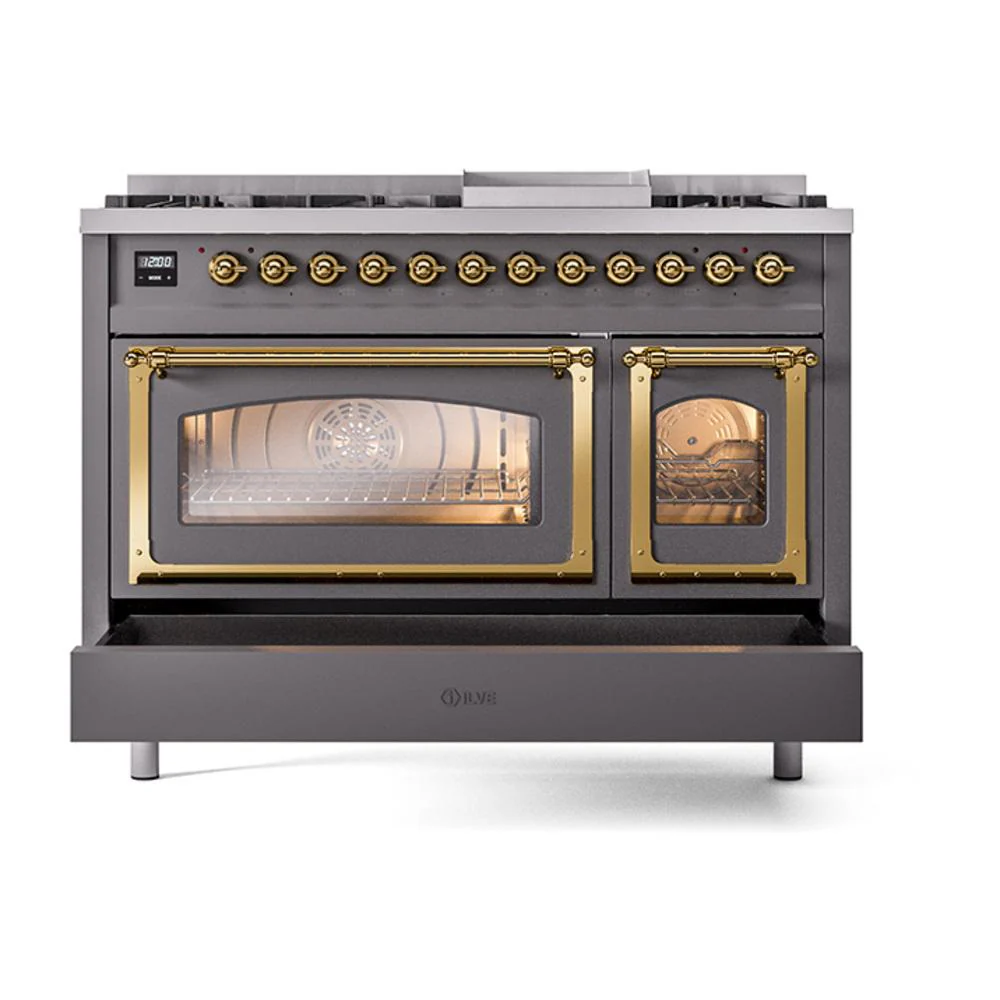Ilve UN48FNMPMGGLP Ilve Un48Fnmpmgglp Nostalgie Ii Noblesse 48" Dual Fuel Range (8 Sealed Burners + Griddle, Liquid Propane, Triple Glass Door, Graphite Matte, Brass) - Image 6