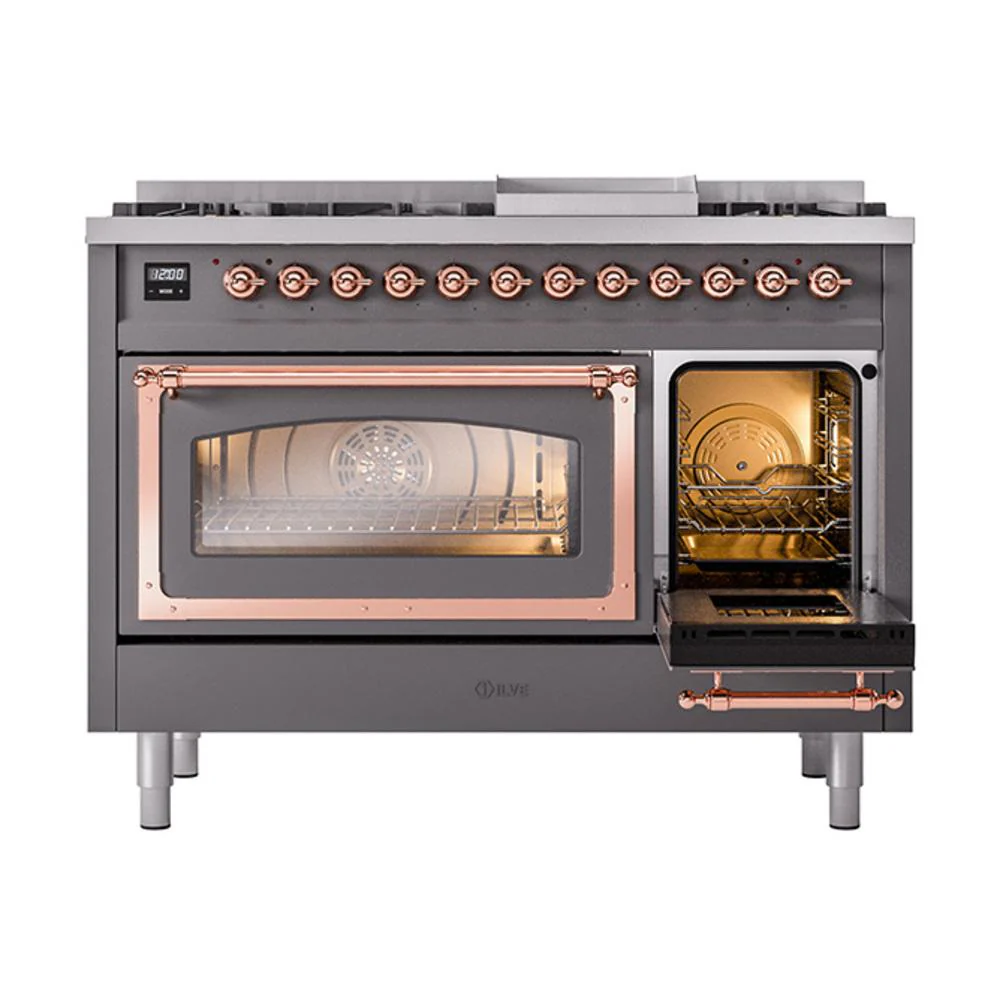 Ilve UN48FNMPMGPLP Ilve Un48Fnmpmgplp Nostalgie Ii Noblesse 48" Dual Fuel Range (8 Sealed Burners + Griddle, Liquid Propane, Triple Glass Door, Graphite Matte, Copper) - Image 5