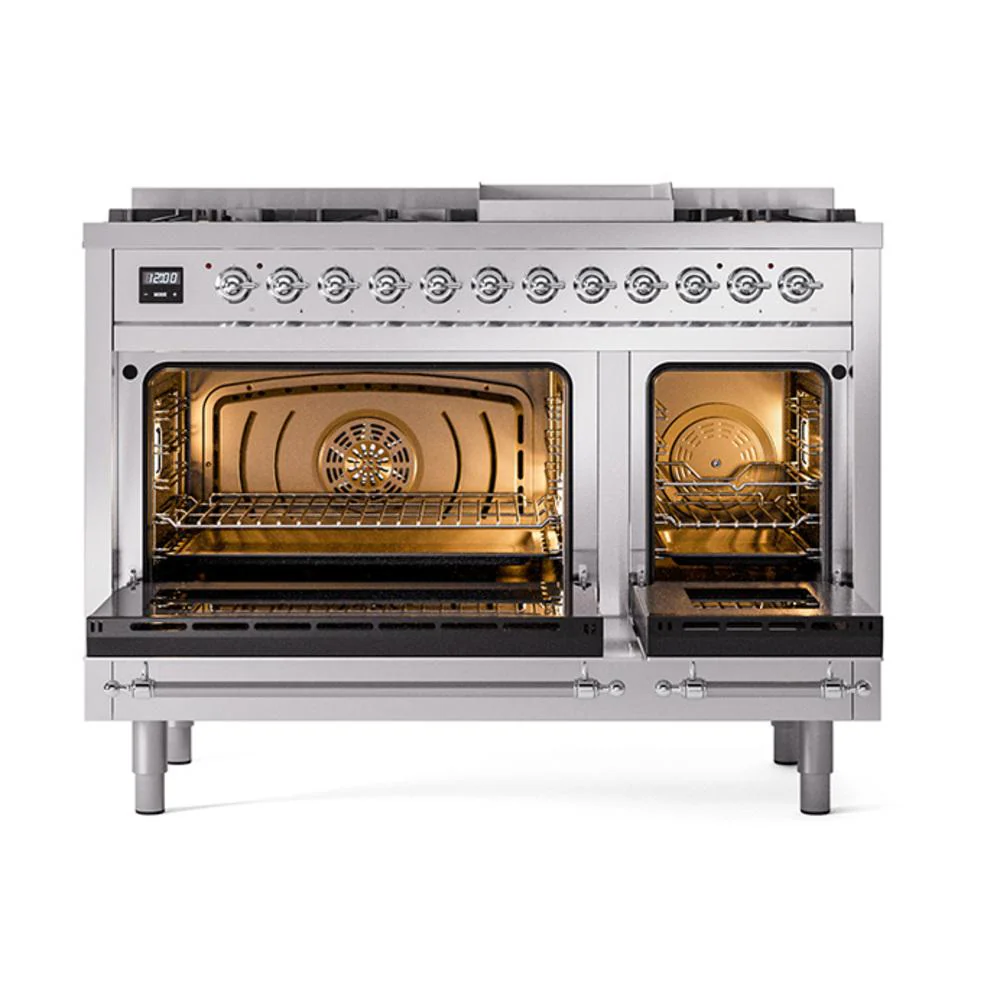 Ilve UN48FNMPSSCLP Ilve Un48Fnmpssclp Nostalgie Ii Noblesse 48" Dual Fuel Range (8 Sealed Burners + Griddle, Liquid Propane, Triple Glass Door, Stainless Steel, Chrome) - Image 3
