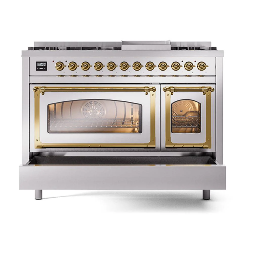 Ilve UN48FNMPSSGLP Ilve Un48Fnmpssglp Nostalgie Ii Noblesse 48" Dual Fuel Range (8 Sealed Burners + Griddle, Liquid Propane, Triple Glass Door, Stainless Steel, Brass) - Image 6