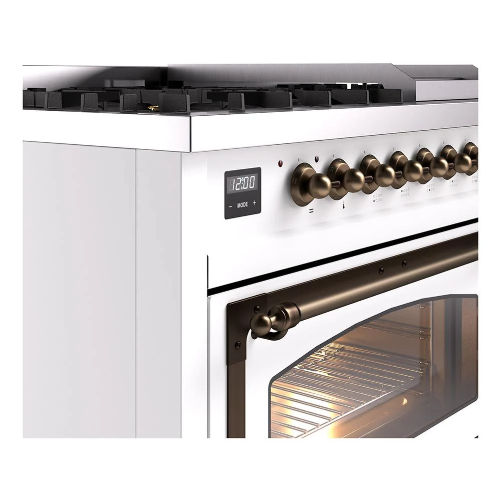 Ilve UN48FNMPWHBLP Ilve Un48Fnmpwhblp Nostalgie Ii Noblesse 48" Dual Fuel Range (8 Sealed Burners + Griddle, Liquid Propane, Triple Glass Door, White, Burnished) - Image 7