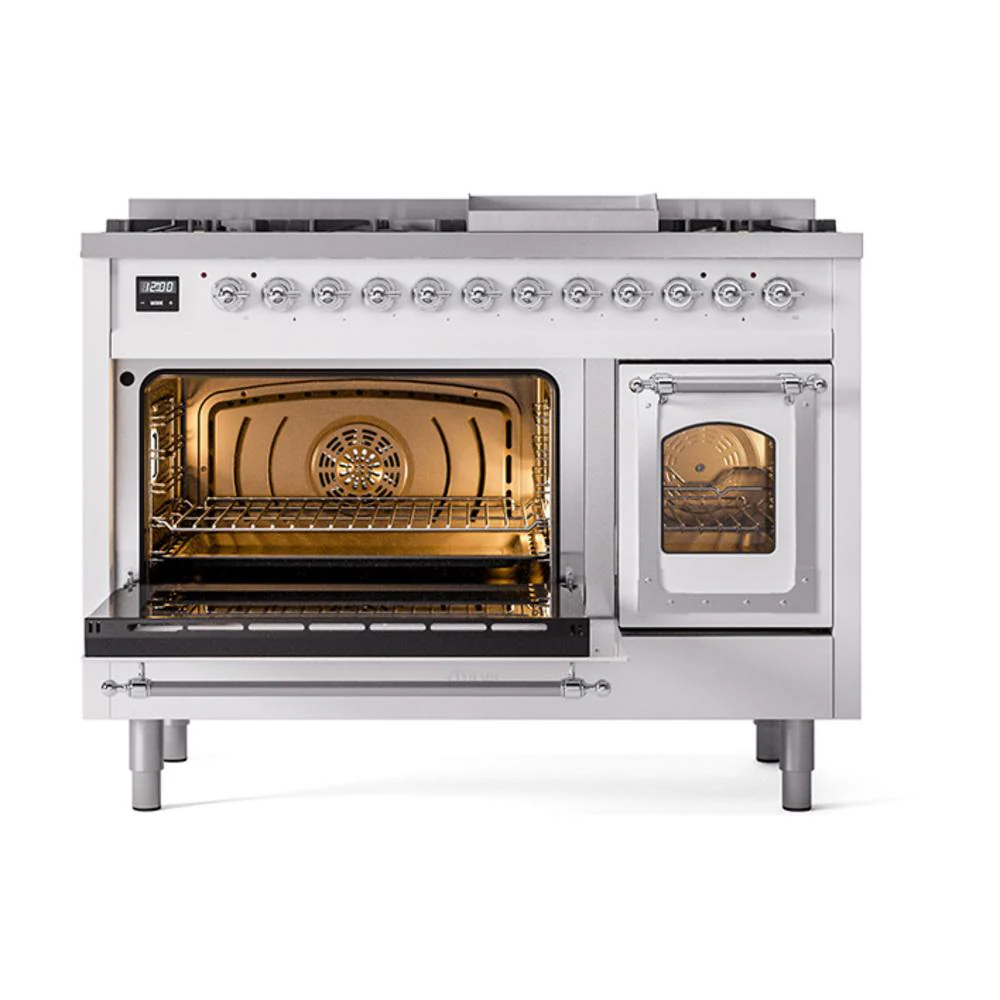 Ilve UN48FNMPWHC Ilve Un48Fnmpwhc Nostalgie Ii Noblesse 48" Dual Fuel Range (8 Sealed Burners + Griddle, Natural Gas, Triple Glass Door, White, Chrome) - Image 4