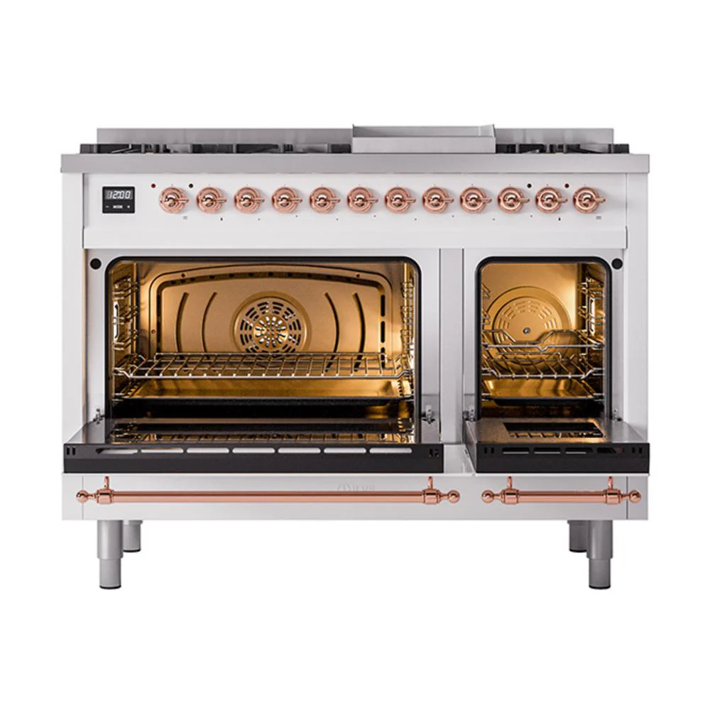 Ilve UN48FNMPWHPLP Ilve Un48Fnmpwhplp Nostalgie Ii Noblesse 48" Dual Fuel Range (8 Sealed Burners + Griddle, Liquid Propane, Triple Glass Door, White, Copper) - Image 3
