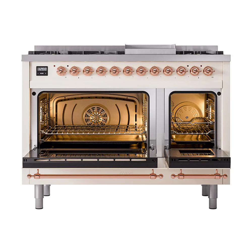 Ilve UN48FQNMPAWPLP Ilve Un48Fqnmpawplp Nostalgie Ii Noblesse 48" Dual Fuel Range (8 Sealed Burners + Griddle, Liquid Propane, Solid Door, Antique White, Copper) - Image 2