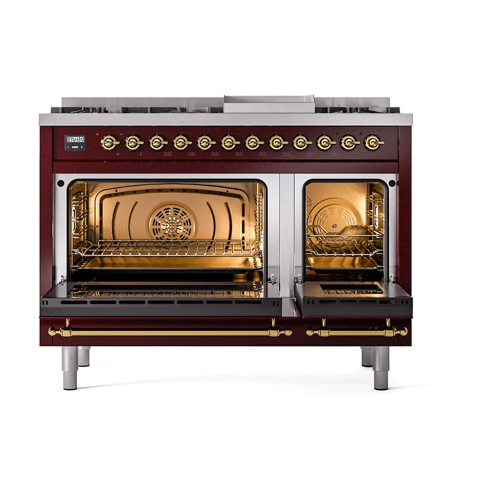 Ilve UN48FQNMPBUGLP Ilve Un48Fqnmpbuglp Nostalgie Ii Noblesse 48" Dual Fuel Range (8 Sealed Burners + Griddle, Liquid Propane, Solid Door, Burgundy, Brass) - Image 2