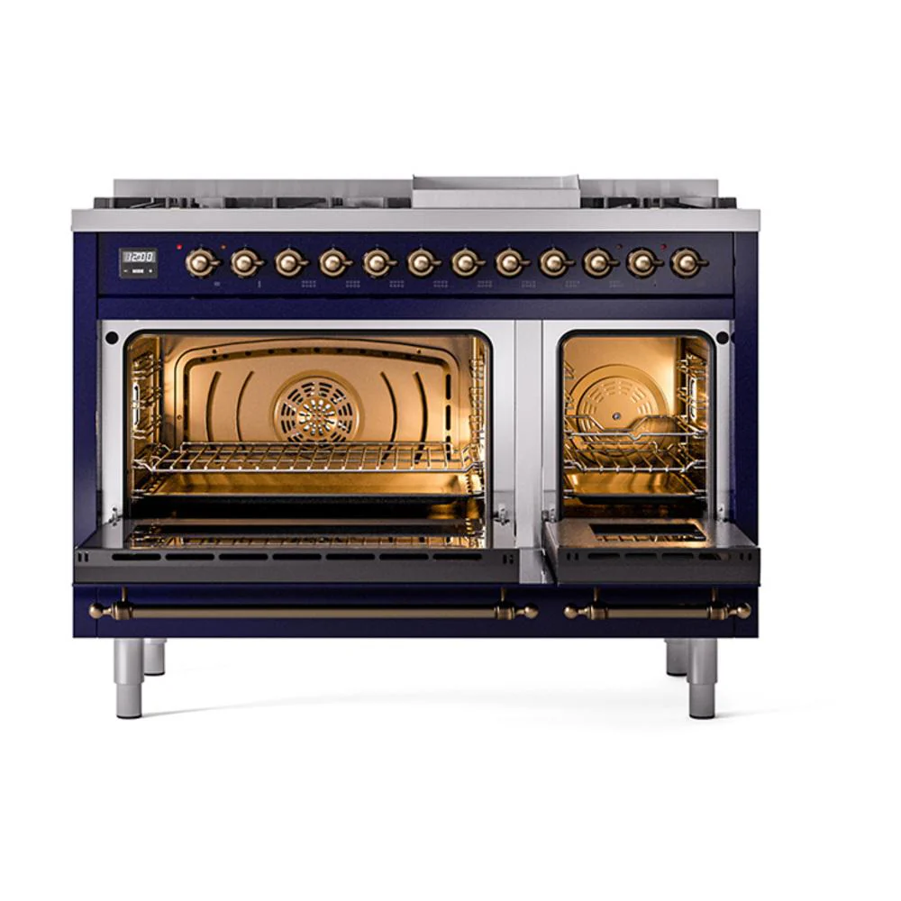 Ilve UN48FQNMPMBBLP Ilve Un48Fqnmpmbblp Nostalgie Ii Noblesse 48" Dual Fuel Range (8 Sealed Burners + Griddle, Liquid Propane, Solid Door, Midnight Blue, Burnished) - Image 2