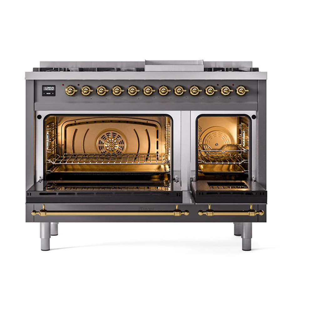 Ilve UN48FQNMPMGG Ilve Un48Fqnmpmgg Nostalgie Ii Noblesse 48" Dual Fuel Range (8 Sealed Burners + Griddle, Natural Gas, Solid Door, Graphite Matte, Brass) - Image 2