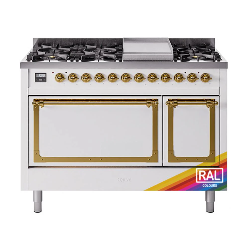 Ilve UN48FQNMPRAGLP Ilve Un48Fqnmpraglp Nostalgie Ii Noblesse 48" Dual Fuel Range (8 Sealed Burners + Griddle, Liquid Propane, Solid Door, Ral, Brass)