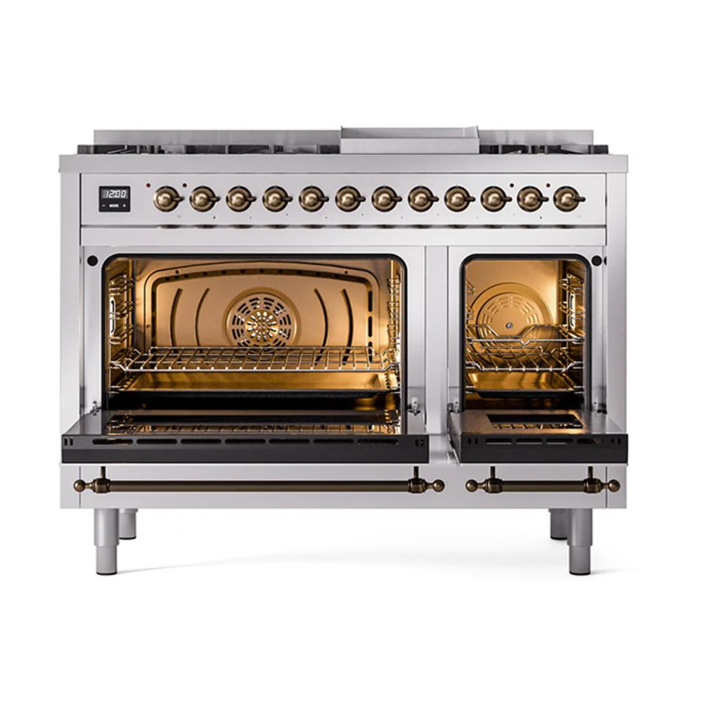 Ilve UN48FQNMPSSB Ilve Un48Fqnmpssb Nostalgie Ii Noblesse 48" Dual Fuel Range (8 Sealed Burners + Griddle, Natural Gas, Solid Door, Stainless Steel, Burnished) - Image 2