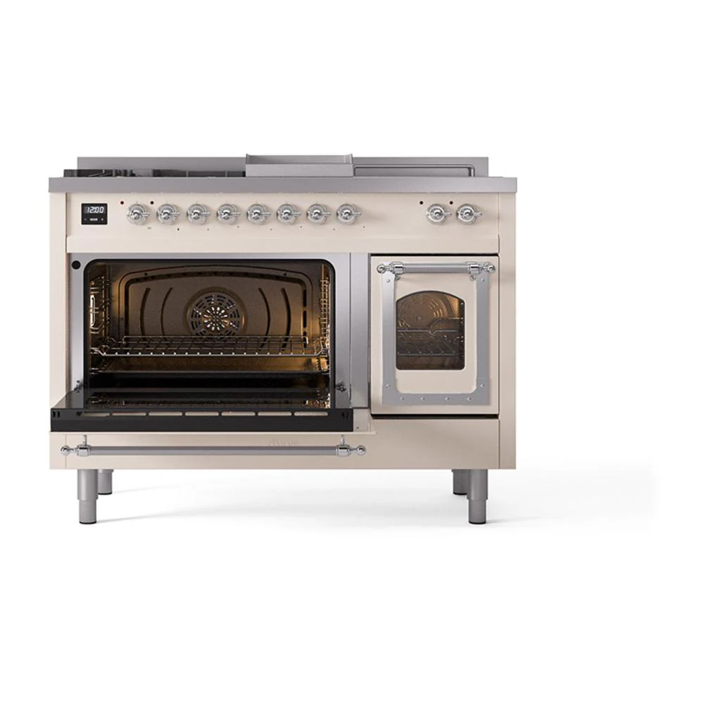Ilve UN48FSNMPAWC Ilve Un48Fsnmpawc Nostalgie Ii Noblesse 48" Dual Fuel Range (5 Sealed Burners + Griddle + French Top, Natural Gas, Triple Glass Door, Antique White, Chrome) - Image 4