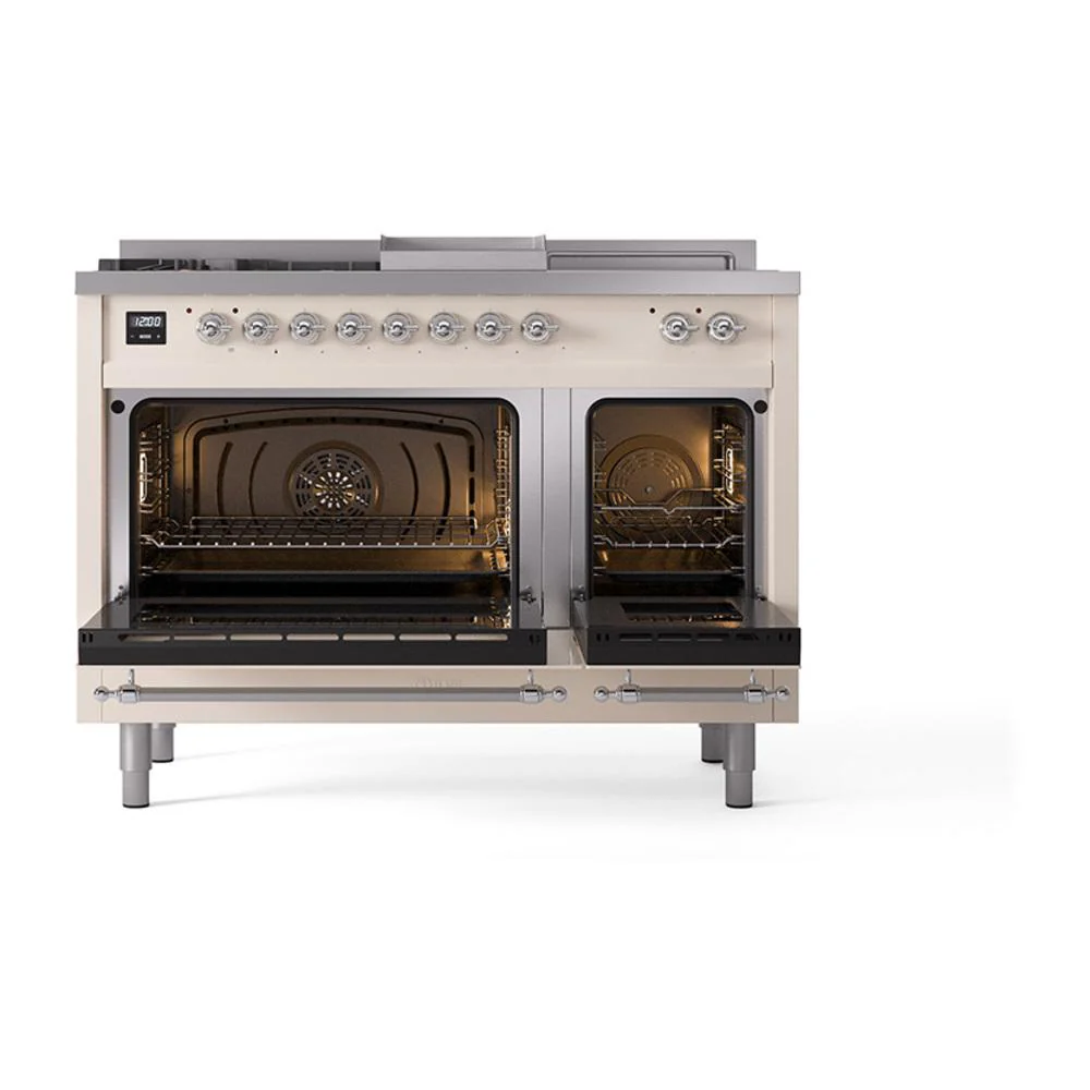 Ilve UN48FSNMPAWCLP Ilve Un48Fsnmpawclp Nostalgie Ii Noblesse 48" Dual Fuel Range (5 Sealed Burners + Griddle + French Top, Liquid Propane, Triple Glass Door, Antique White, Chrome) - Image 3