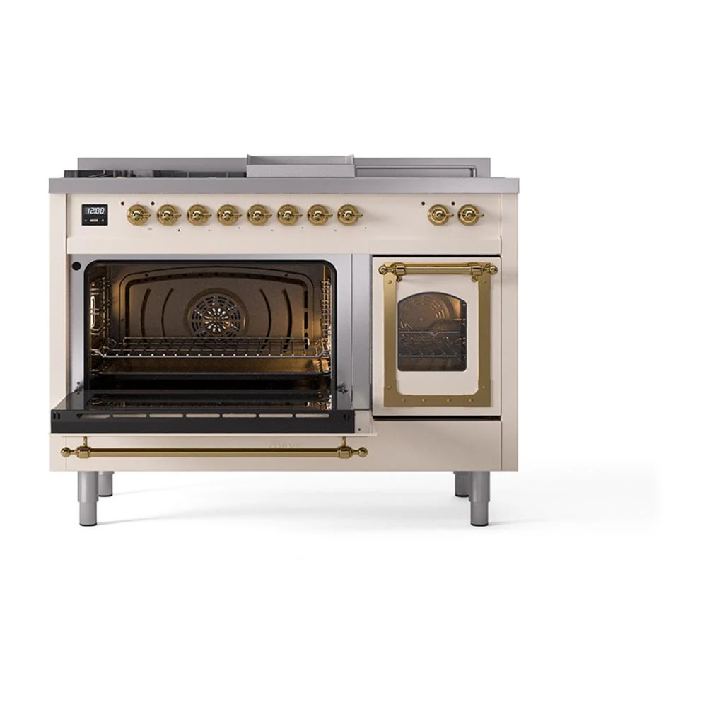Ilve UN48FSNMPAWG Ilve Un48Fsnmpawg Nostalgie Ii Noblesse 48" Dual Fuel Range (5 Sealed Burners + Griddle + French Top, Natural Gas, Triple Glass Door, Antique White, Brass) - Image 4