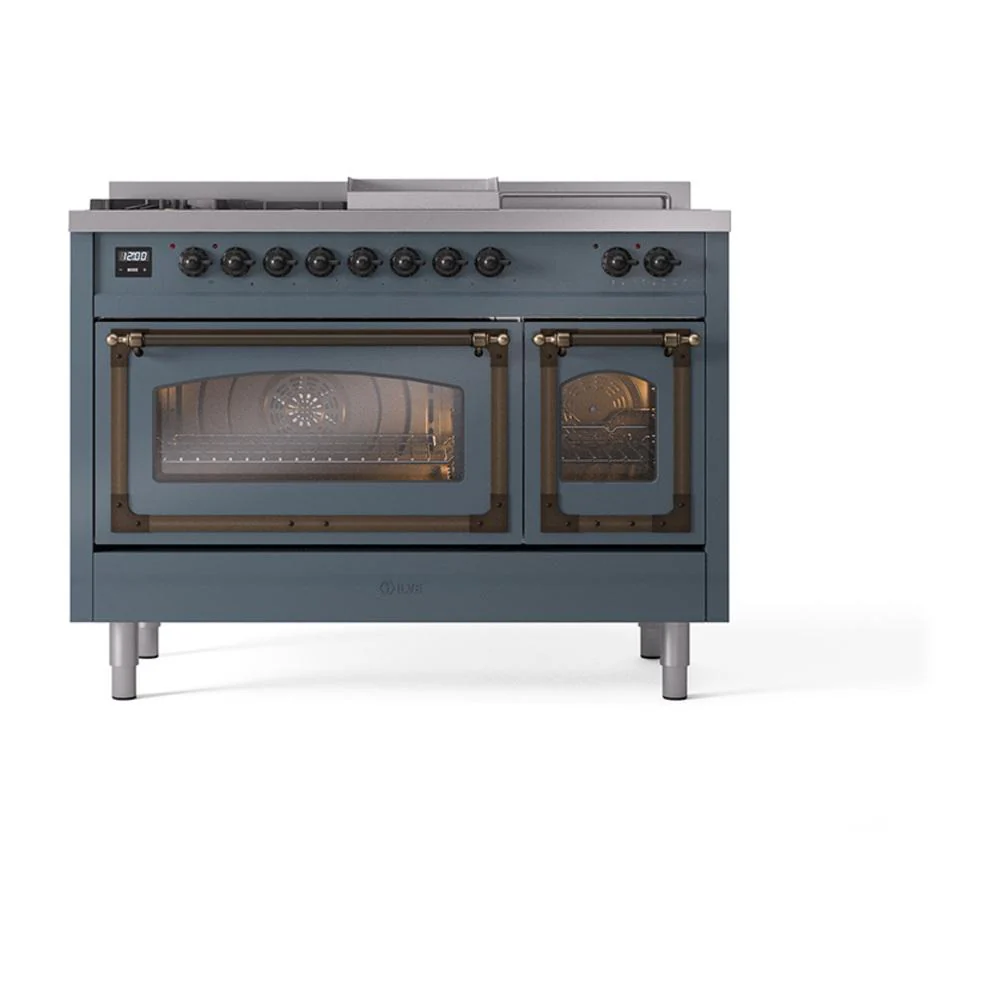 Ilve UN48FSNMPBGB Ilve Un48Fsnmpbgb Nostalgie Ii Noblesse 48" Dual Fuel Range (5 Sealed Burners + Griddle + French Top, Natural Gas, Triple Glass Door, Blue Grey, Burnished) - Image 2
