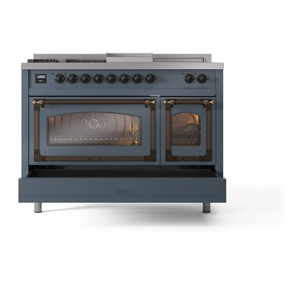 Ilve UN48FSNMPBGBLP Ilve Un48Fsnmpbgblp Nostalgie Ii Noblesse 48" Dual Fuel Range (5 Sealed Burners + Griddle + French Top, Liquid Propane, Triple Glass Door, Blue Grey, Burnished) - Image 6