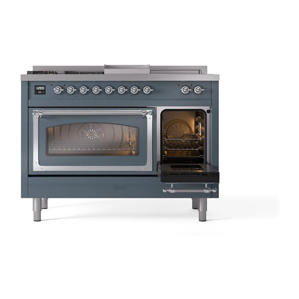 Ilve UN48FSNMPBGC Ilve Un48Fsnmpbgc Nostalgie Ii Noblesse 48" Dual Fuel Range (5 Sealed Burners + Griddle + French Top, Natural Gas, Triple Glass Door, Blue Grey, Chrome) - Image 5