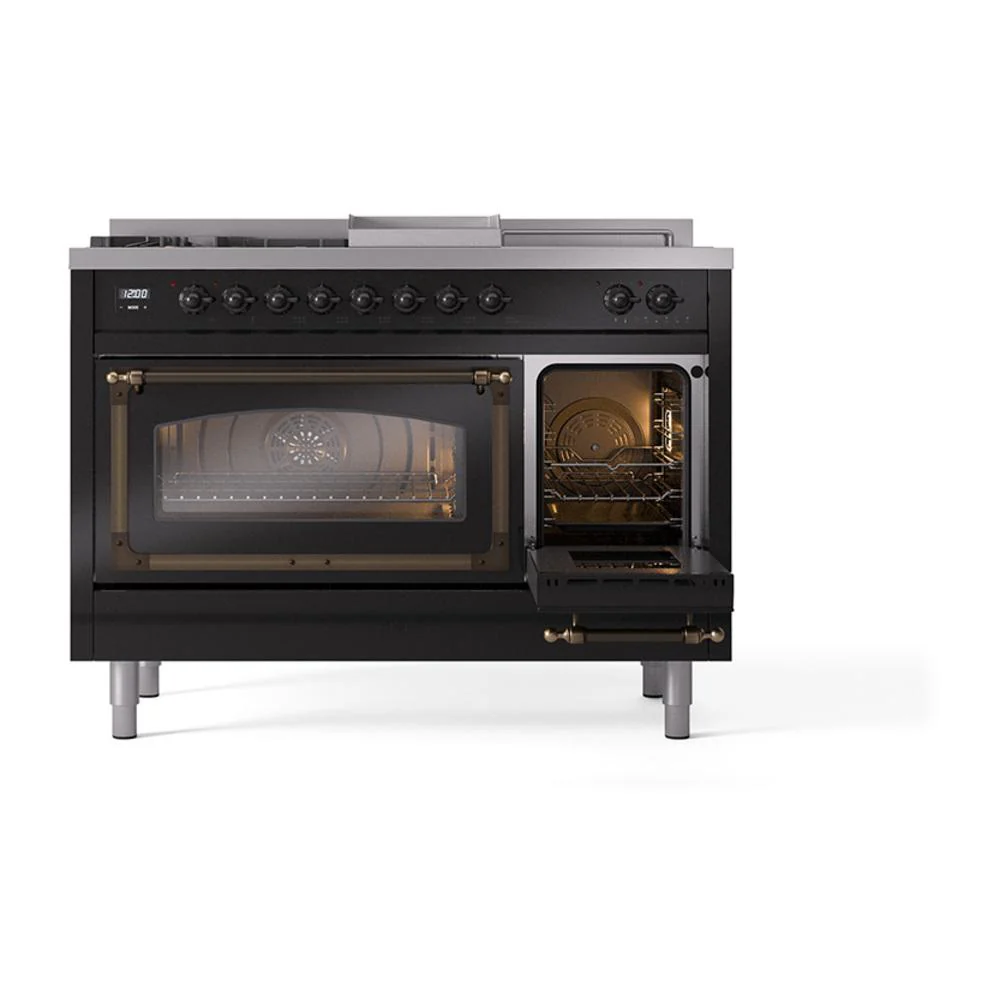 Ilve UN48FSNMPBKB Ilve Un48Fsnmpbkb Nostalgie Ii Noblesse 48" Dual Fuel Range (5 Sealed Burners + Griddle + French Top, Natural Gas, Triple Glass Door, Glossy Black, Burnished) - Image 5