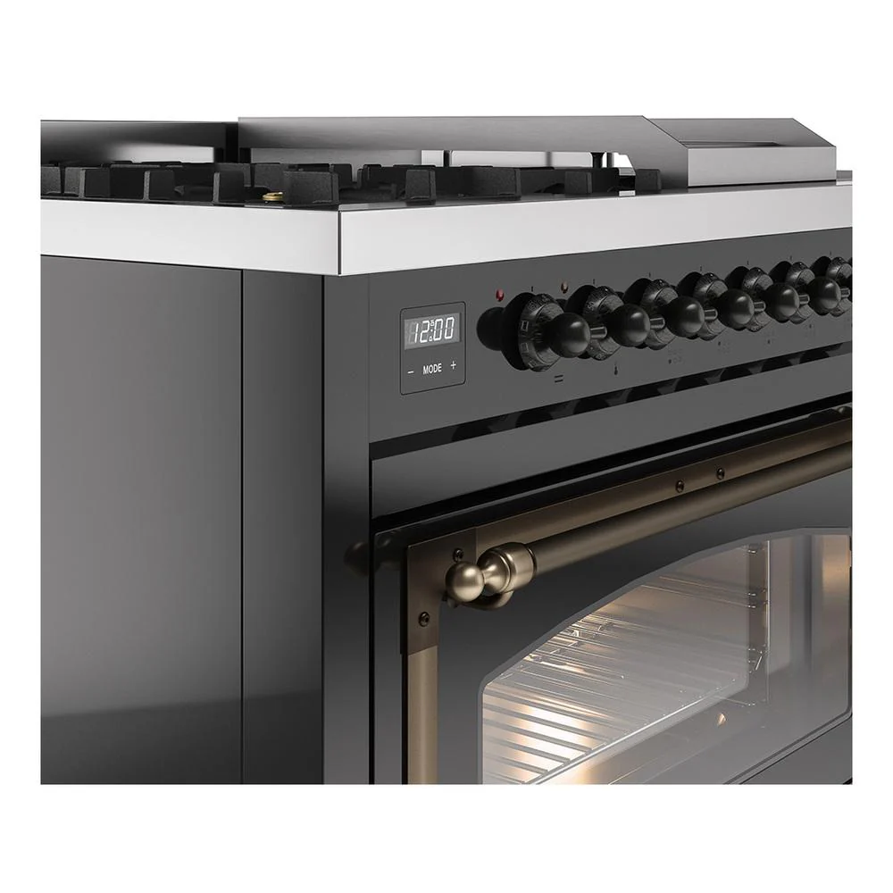 Ilve UN48FSNMPBKBLP Ilve Un48Fsnmpbkblp Nostalgie Ii Noblesse 48" Dual Fuel Range (5 Sealed Burners + Griddle + French Top, Liquid Propane, Triple Glass Door, Glossy Black, Burnished) - Image 7