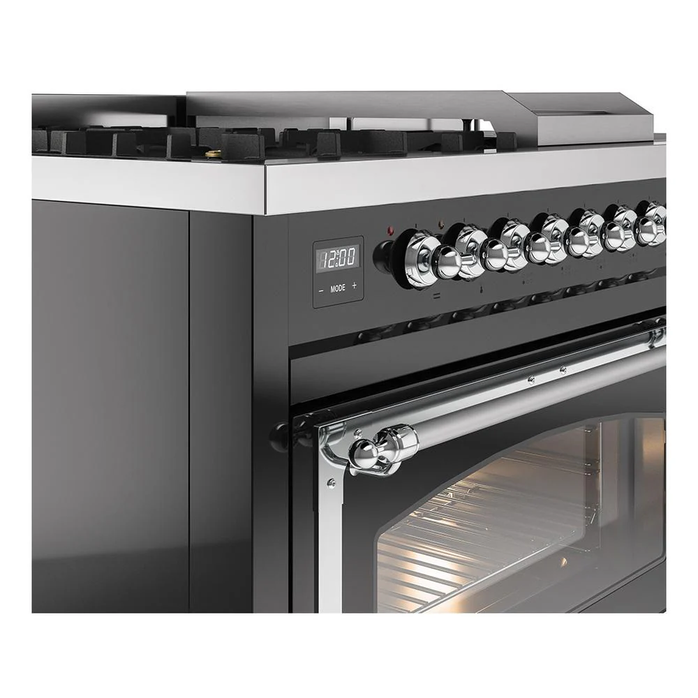 Ilve UN48FSNMPBKCLP Ilve Un48Fsnmpbkclp Nostalgie Ii Noblesse 48" Dual Fuel Range (5 Sealed Burners + Griddle + French Top, Liquid Propane, Triple Glass Door, Glossy Black, Chrome) - Image 7