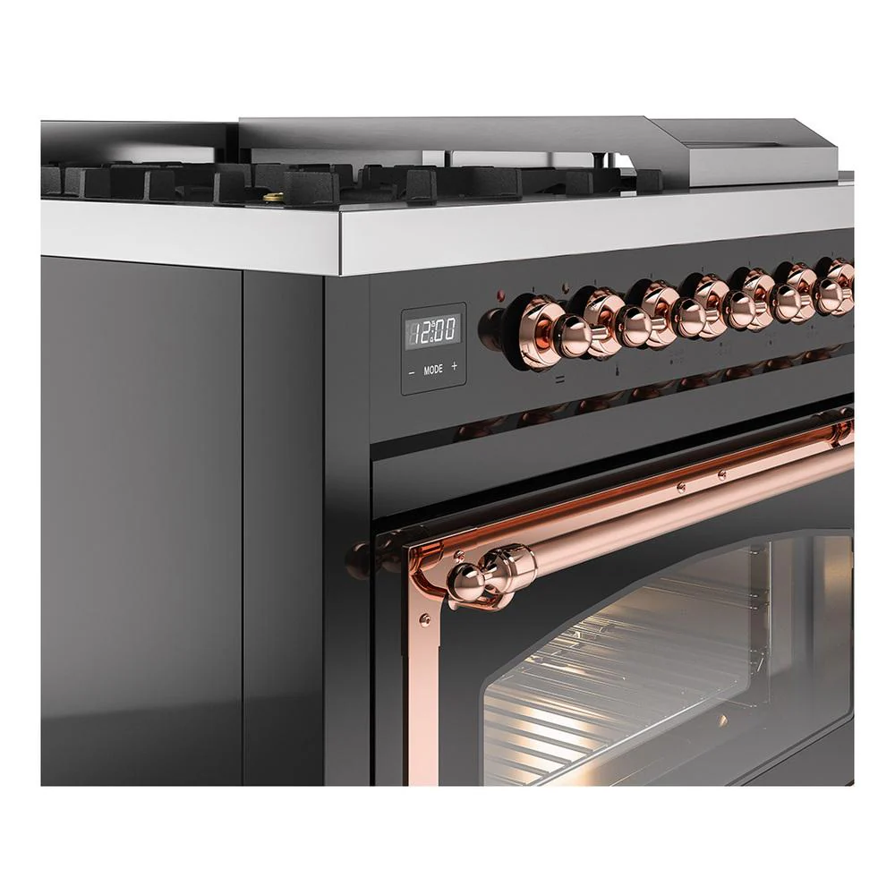 Ilve UN48FSNMPBKP Ilve Un48Fsnmpbkp Nostalgie Ii Noblesse 48" Dual Fuel Range (5 Sealed Burners + Griddle + French Top, Natural Gas, Triple Glass Door, Glossy Black, Copper) - Image 7