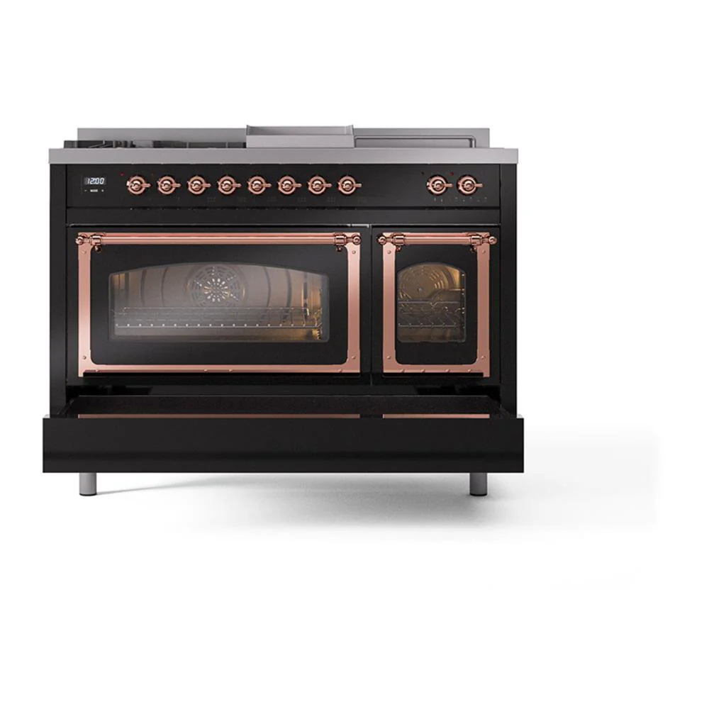 Ilve UN48FSNMPBKPLP Ilve Un48Fsnmpbkplp Nostalgie Ii Noblesse 48" Dual Fuel Range (5 Sealed Burners + Griddle + French Top, Liquid Propane, Triple Glass Door, Glossy Black, Copper) - Image 6