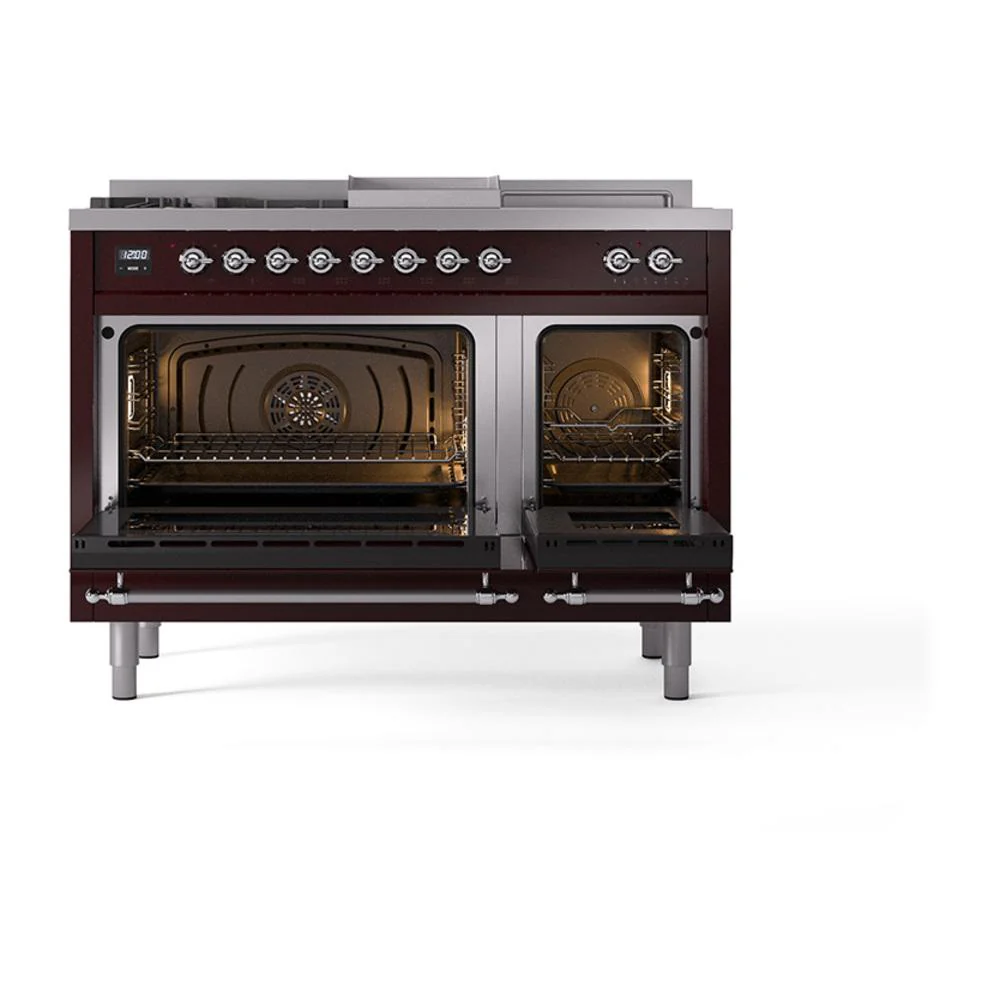 Ilve UN48FSNMPBUC Ilve Un48Fsnmpbuc Nostalgie Ii Noblesse 48" Dual Fuel Range (5 Sealed Burners + Griddle + French Top, Natural Gas, Triple Glass Door, Burgundy, Chrome) - Image 3