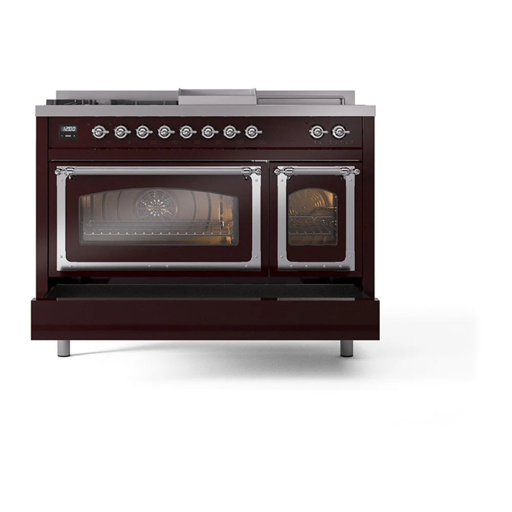 Ilve UN48FSNMPBUC Ilve Un48Fsnmpbuc Nostalgie Ii Noblesse 48" Dual Fuel Range (5 Sealed Burners + Griddle + French Top, Natural Gas, Triple Glass Door, Burgundy, Chrome) - Image 6