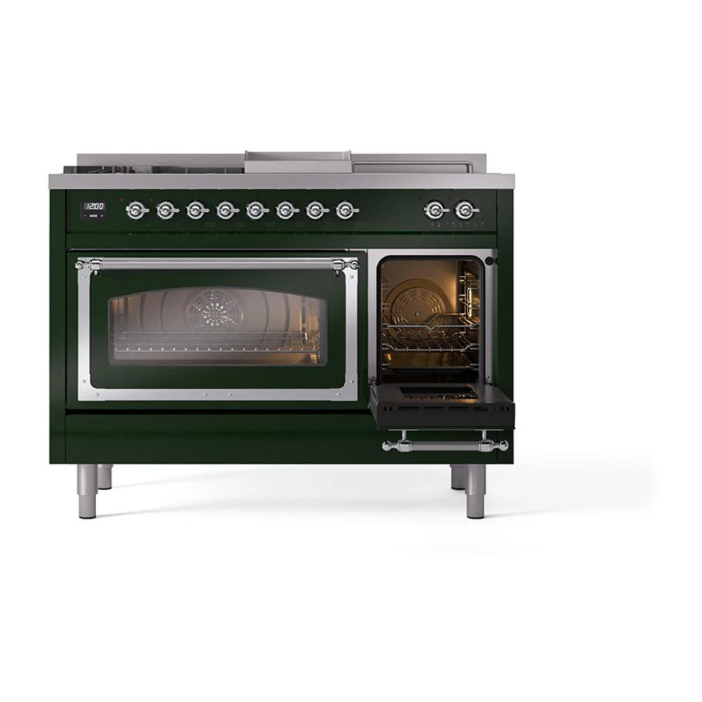 Ilve UN48FSNMPEGC Ilve Un48Fsnmpegc Nostalgie Ii Noblesse 48" Dual Fuel Range (5 Sealed Burners + Griddle + French Top, Natural Gas, Triple Glass Door, Emerald Green, Chrome) - Image 5