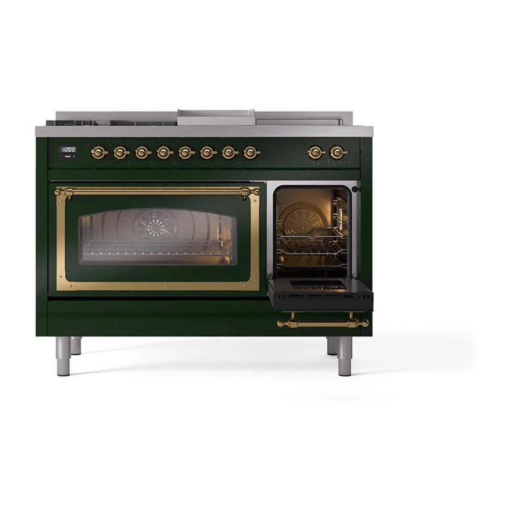 Ilve UN48FSNMPEGG Ilve Un48Fsnmpegg Nostalgie Ii Noblesse 48" Dual Fuel Range (5 Sealed Burners + Griddle + French Top, Natural Gas, Triple Glass Door, Emerald Green, Brass) - Image 5