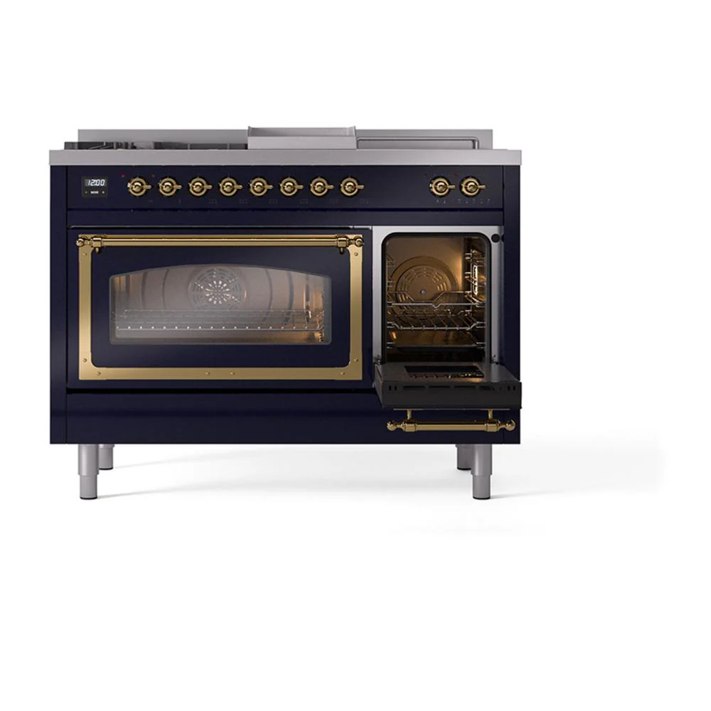 Ilve UN48FSNMPMBG Ilve Un48Fsnmpmbg Nostalgie Ii Noblesse 48" Dual Fuel Range (5 Sealed Burners + Griddle + French Top, Natural Gas, Triple Glass Door, Midnight Blue, Brass) - Image 5