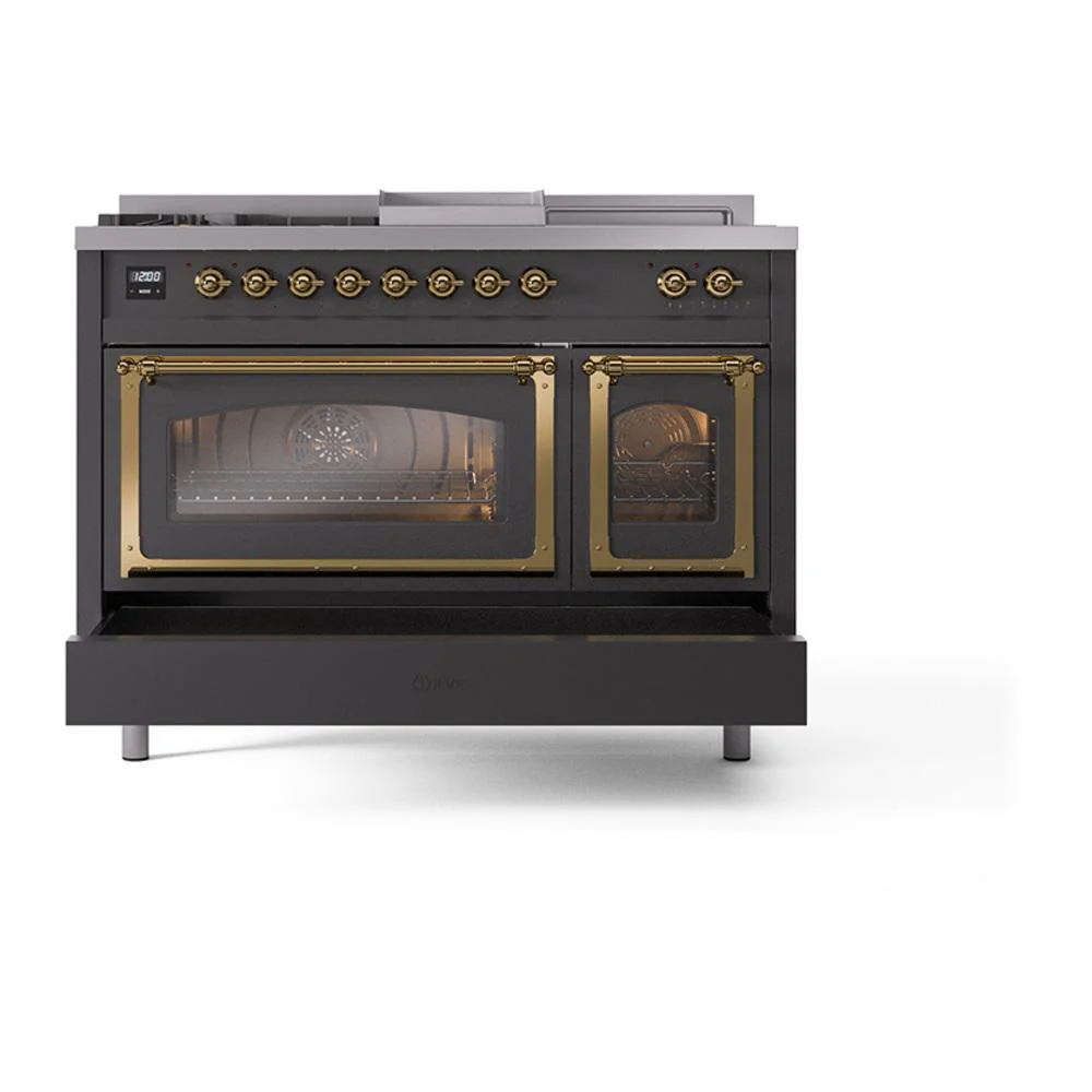 Ilve UN48FSNMPMGG Ilve Un48Fsnmpmgg Nostalgie Ii Noblesse 48" Dual Fuel Range (5 Sealed Burners + Griddle + French Top, Natural Gas, Triple Glass Door, Graphite Matte, Brass) - Image 6