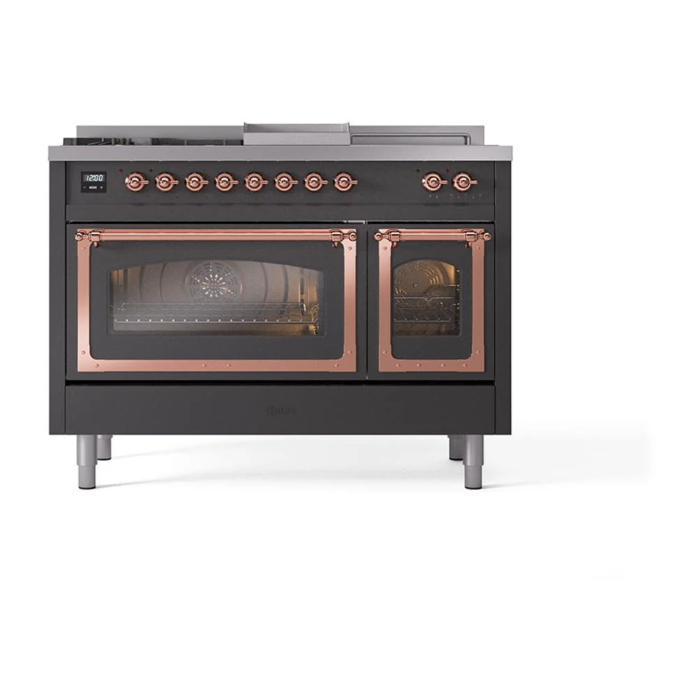 Ilve UN48FSNMPMGPLP Ilve Un48Fsnmpmgplp Nostalgie Ii Noblesse 48" Dual Fuel Range (5 Sealed Burners + Griddle + French Top, Liquid Propane, Triple Glass Door, Graphite Matte, Copper) - Image 2