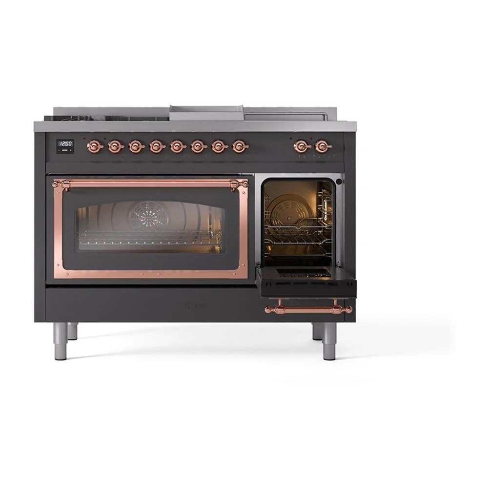 Ilve UN48FSNMPMGPLP Ilve Un48Fsnmpmgplp Nostalgie Ii Noblesse 48" Dual Fuel Range (5 Sealed Burners + Griddle + French Top, Liquid Propane, Triple Glass Door, Graphite Matte, Copper) - Image 5