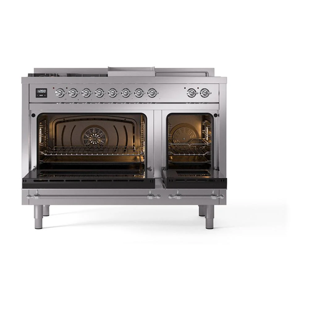 Ilve UN48FSNMPSSC Ilve Un48Fsnmpssc Nostalgie Ii Noblesse 48" Dual Fuel Range (5 Sealed Burners + Griddle + French Top, Natural Gas, Triple Glass Door, Stainless Steel, Chrome) - Image 3