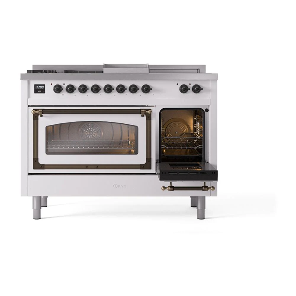 Ilve UN48FSNMPWHB Ilve Un48Fsnmpwhb Nostalgie Ii Noblesse 48" Dual Fuel Range (5 Sealed Burners + Griddle + French Top, Natural Gas, Triple Glass Door, White, Burnished) - Image 5
